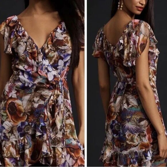 EUC Anthropologie Chiffon Floral Ruffle Wrap Dress XS/P - Picture 1 of 6